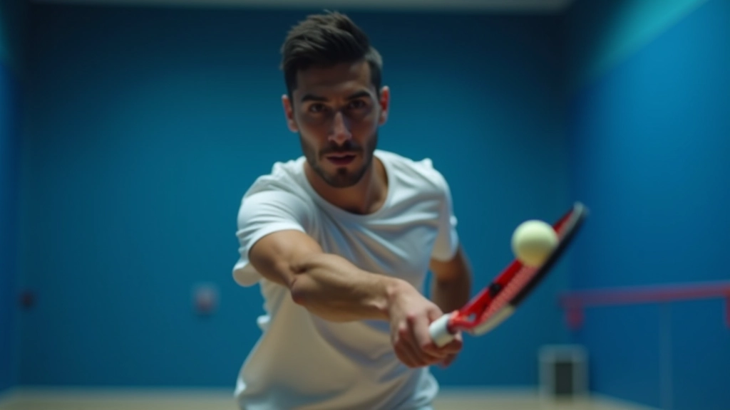 لاعب اسكواش محترف في وضعية الهجوم على الملعب